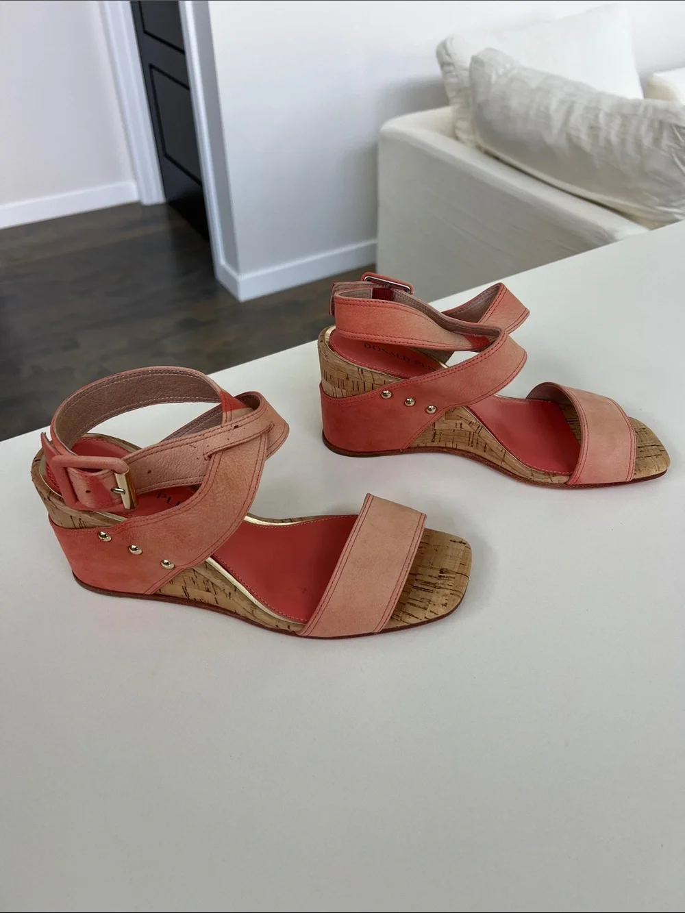 Donald Pliner bellville coral suede leather cork wedge open toe sandals heels 8